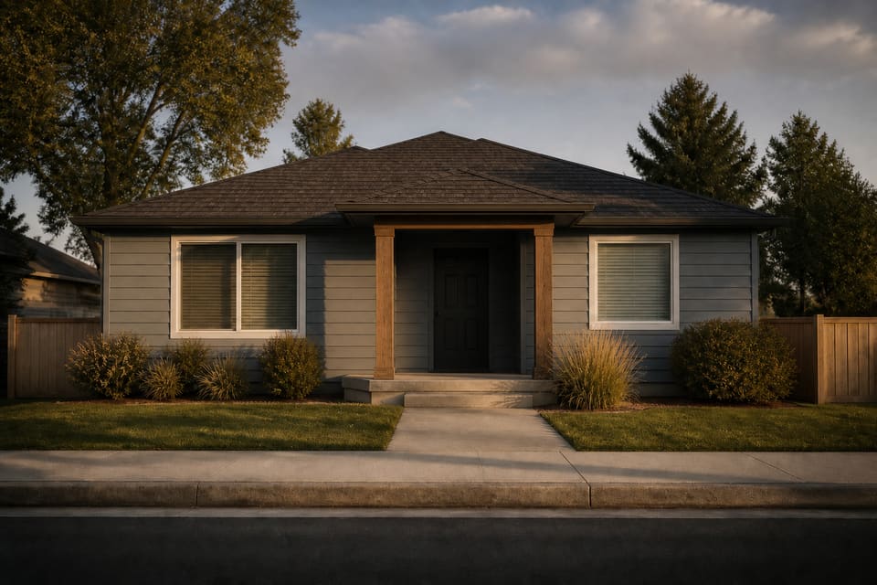 House with drawn blinds and no cars, looking unused from the curb. Illustrative property.